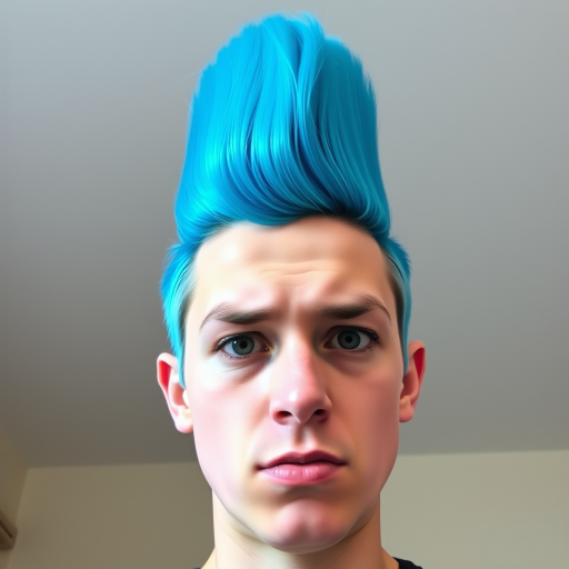 Image of a person with their hair styled upright,  in a cylinder shape. The hair  color is neon blue and appears to be held in place by a hair product, giving it a fluffy texture. The background is nondescript, and the person's face is looking at the viewer nervously.