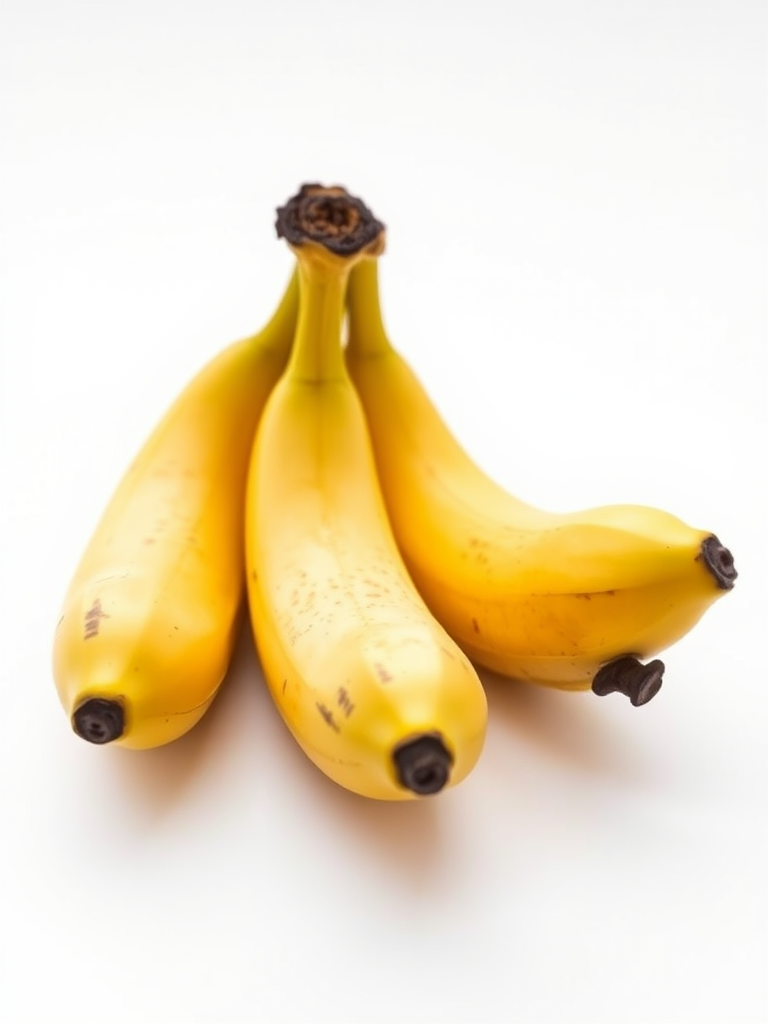 photograph of three ripe bananas on a plain white background, taken with a DSLR camera, 50mm lens, f/2.8 aperture, ISO 100, natural lighting, macro view for enhanced detail