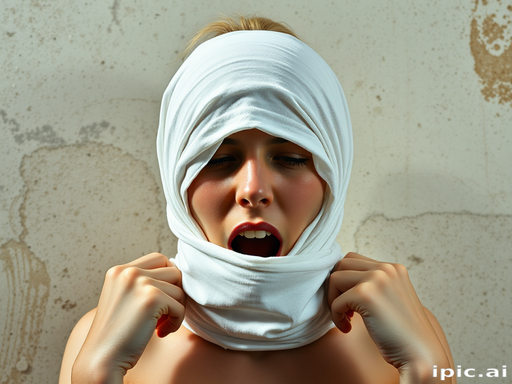 Create a close-up photographic image of the head and torso of a person with light skin tones shown against an old, worn wall. Their head is wrapped in a white cloth covering (i.e.... parts of the head except the nose and mouth, which are open as if they are screaming...), with a slight texture and visible folds in the fabric. Thin strands of blonde hair escape from the wrapping above, falling lightly at the top and sides. Their hands hold the fabric as if they are tugging nervously. The lighting is dramatic and even, casting strong shadows. The image has a minimalist and surreal style with an emphasis on simplicity with soft color tones. The composition is centered.