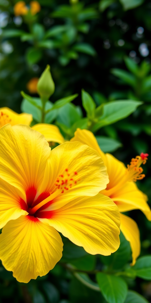 Capture a close-up of yellow hibiscus flowers with lush green foliage in the background, using a DSLR camera, 85mm lens, aperture f/1.8, ISO 200, shutter speed 1/500 sec, in natural soft lighting for enhanced detail and vibrancy.