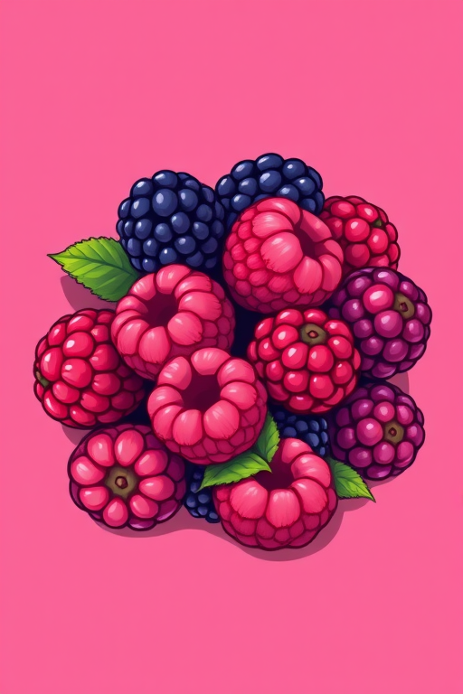a vibrant illustration of a cluster of raspberries and blackberries on a bright pink background, emphasizing their textures and colors in a playful, cartoonish style