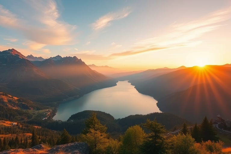 Generate an image of a serene landscape with a lake surrounded by mountains during sunset, camera settings: aperture f/8, ISO 100, shutter speed 1/125s, camera view: wide-angle, camera style: natural, camera type: DSLR.