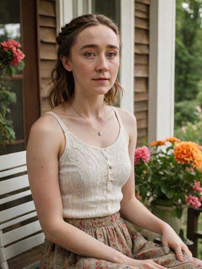 A photo of Saoirse Ronan with a background of a cozy porch. She has dark hair pulled back in an updo, with tendrils framing her face. She wears a white tank top and sits on the porch. The porch is part of a well-lit home with a warm, earthy tone and colorful flowers and foliage. The overall scene has a warm, welcoming, and comfortable ambiance.