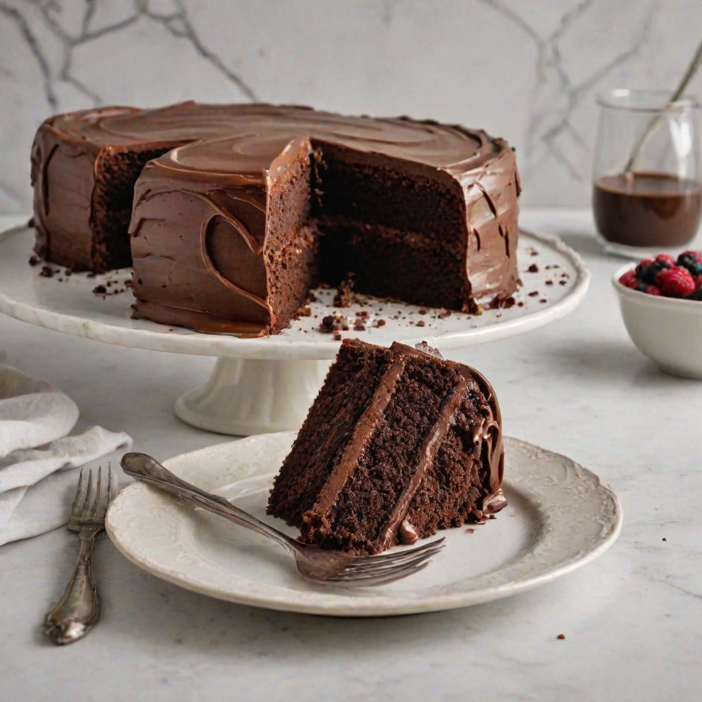Create an image of a rich chocolate cake with smooth chocolate frosting. The cake should be round and appear moist, with a slice removed to show its fluffy interior. Place the cake on a marble cake stand, with a soft, neutral background. Include decorative plates and a small fork beside the cake for an inviting presentation.