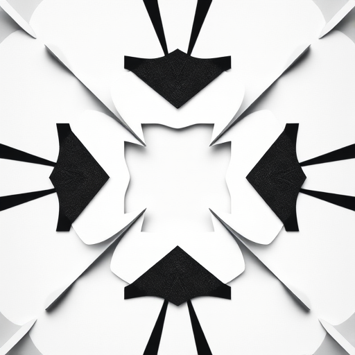 Create a black and white image of abstract shapes forming a symmetrical pattern, captured with a Canon EOS R5, 50mm lens, f/1.8 aperture, ISO 100, 1/200 sec exposure, top-down view, minimalistic style.