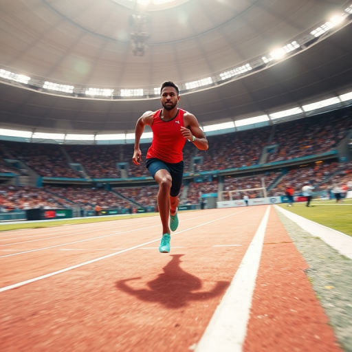 Capture an image of a sprinter in mid-run at a track and field event, using a DSLR camera with a 50mm lens, shutter speed of 1/1000s, aperture f/2.8, and ISO 200, applying a motion blur effect to emphasize speed, with a dynamic and low-angle view to enhance the sense of movement and energy in a vibrant stadium setting.