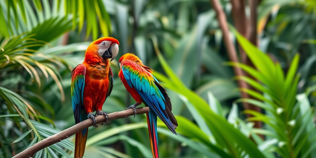 A vibrant macaw perched on a branch in a lush tropical jungle, 50mm lens, f/2.8 aperture, ISO 100, natural lighting, shallow depth of field, DSLR camera.