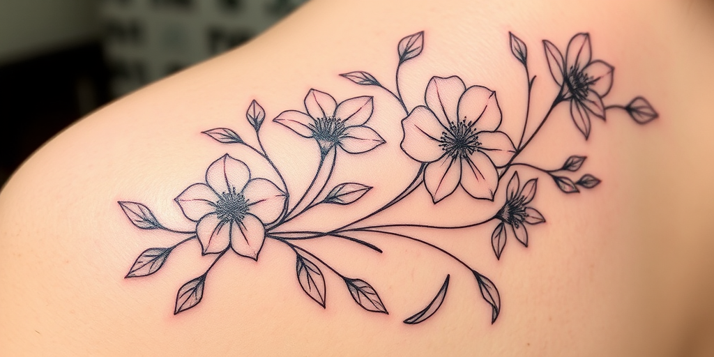 Fine line tattoo called "Delicate Botanicals" showcasing exquisitely detailed flowers and leaves with whisper-thin lines, creating a soft and feminine aesthetic