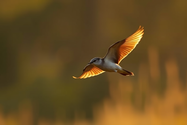 Capture a flying bird in soft golden hour light with a shallow depth of field, using a 70-200mm lens at f/2.8, ISO 200, shutter speed 1/1000s, from a low angle with a wide aperture for a blurred background to enhance the subject.