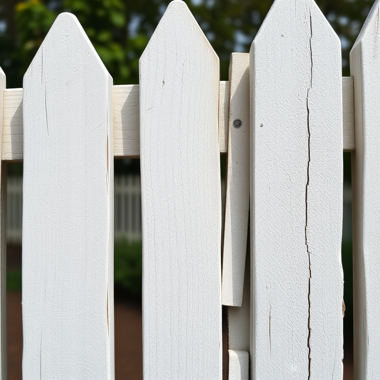 Create a high-resolution close-up image of a white wooden fence with detailed texture and grain, using a DSLR camera, 50mm lens, aperture f/2.8, shutter speed 1/125s, ISO 100, natural lighting.
