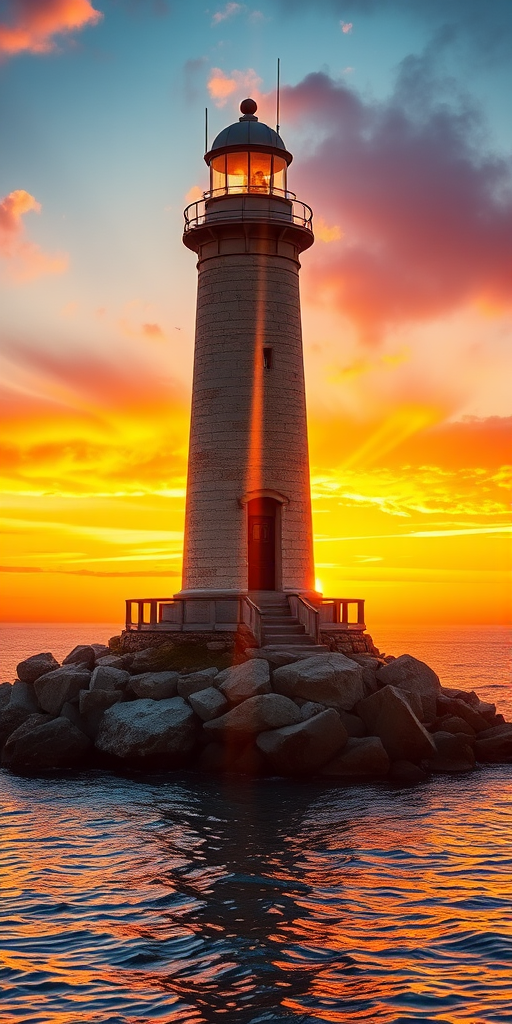 Generate an image of a tall lighthouse perched on a rocky outcrop surrounded by calm ocean waters during a breathtaking sunset. The lighthouse stands sturdy and weathered, its stone surface illuminated by the warm golden light of the setting sun. The sun's rays pass directly through the glass lantern room at the top of the lighthouse, casting a brilliant light across the scene. The sky is painted with vibrant shades of orange, pink, and purple, reflecting off the tranquil sea. The surrounding water shimmers with the same warm hues, creating a serene and majestic atmosphere.