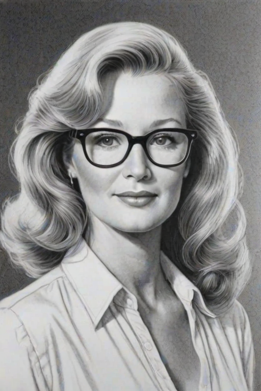 Graceful Diane Ladd, pencil sketch, portrait of Alluring woman 1978s in glasses, hair style beatnik, outline, clear lines, fine lines, 8k