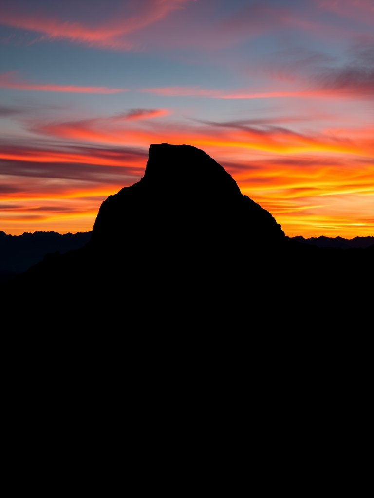 Create a high-contrast black silhouette of a stylized mountain landscape at sunset, shot with a Canon EOS R5, 50mm f/1.2 lens, aperture f/2.0, ISO 100, in landscape orientation, capturing vibrant colors in the sky with rich details in the foreground.