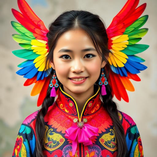 A beautiful Taiwanese girl, wearing colorful bird clothing with vibrant colors