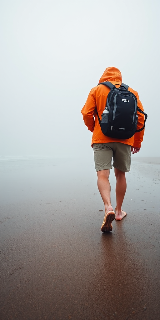 A person in an orange jacket and shorts walking barefoot on a foggy beach carrying a backpack and shoes, wide-angle lens, f/4 aperture, ISO 100, 24mm focal length, soft natural lighting, DSLR camera.