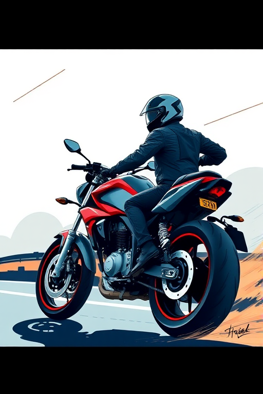 Create a detailed vector illustration of a motorcycle rider in a dynamic pose with a focus on smooth lines and vibrant colors, using a DSLR camera at f/4, ISO 100, 50mm lens, shot from a low angle perspective for dramatic effect.