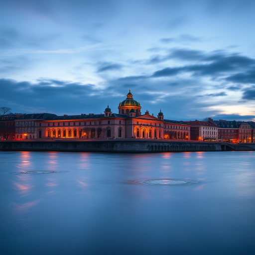 Capture a stunning twilight view of a historic building by the water, with long exposure to smooth the water surface, using a DSLR camera with a 24mm lens, aperture f/8, ISO 100, 15-second exposure time, and a polarizing filter for enhanced colors and contrast.