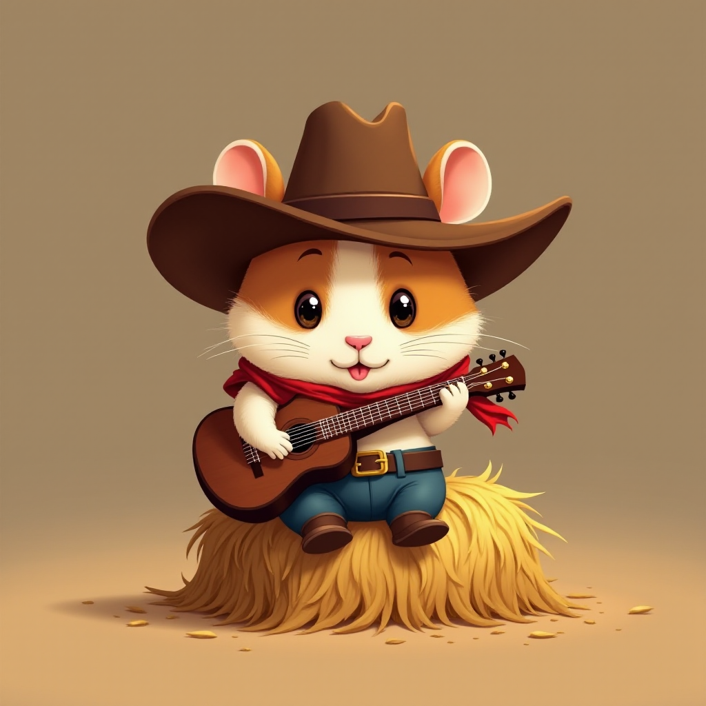 A chibi hamster, dressed as a cowboy, playing guitar, sitting on a hay bale