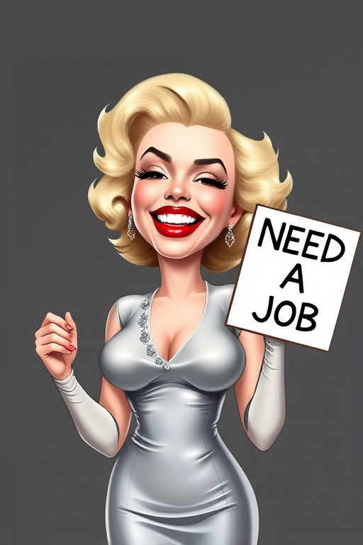 caricature of a smiling Marilyn Monroe in a Platinum dress or suit, holding up a sign that says "NEED A JOB", no watermark,