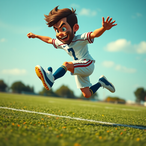 Create a high-resolution image of a cartoonish football player in mid-leap, showcasing dynamic movement, with a focus on bright colors and exaggerated features, using a DSLR camera with a 50mm lens, aperture f/1.8, ISO 100, shot in natural light from a low angle to emphasize action and depth.