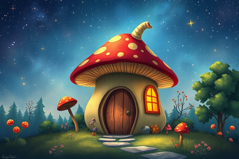 imagine illustration of a mushroom house with a door and a window, a storybook , fantasy art, mushroom house, bg starry sky, sparkles