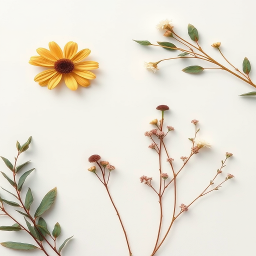 Create a minimalist design featuring delicate botanical elements in muted colors against a light background, using a 50mm lens, aperture f/2.8, ISO 100, shot in natural light with a flat lay composition.