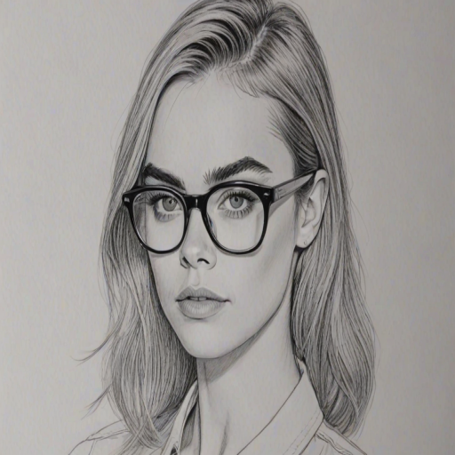 Magnificent Cara Delevingne, pencil sketch, portrait of Attractive woman 1942s in glasses, hair style beatnik, outline, clear lines, fine lines, 8k