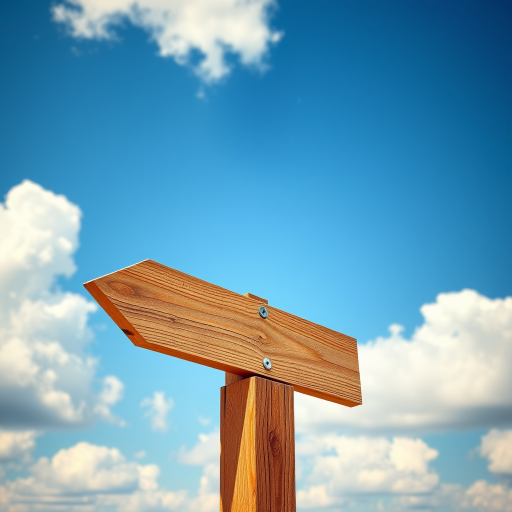 Create an image of a wooden directional sign against a bright blue sky with fluffy clouds, captured with a DSLR camera at f/8 aperture, 1/200 second shutter speed, ISO 100, in landscape orientation, with enhanced contrast and sharpness for clarity.