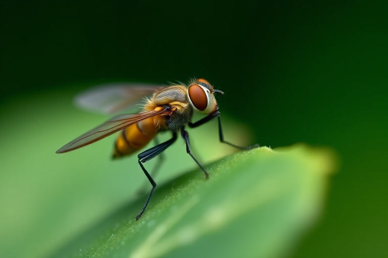 macro photograph of a hoverfly perched on a green leaf with sharp focus on the fly and a blurred background, taken with a Canon EOS 90D, 100mm f/2.8L Macro IS USM lens, ISO 100, aperture f/8, shutter speed 1/200 sec, natural light, side view, high depth of field