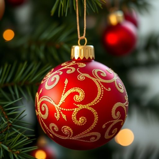 Regenerate a high-resolution image of a red Christmas ornament with gold swirls, using a DSLR camera, f-stop 4, ISO 100, 50mm lens, soft lighting, and a shallow depth of field for enhanced details and clarity.