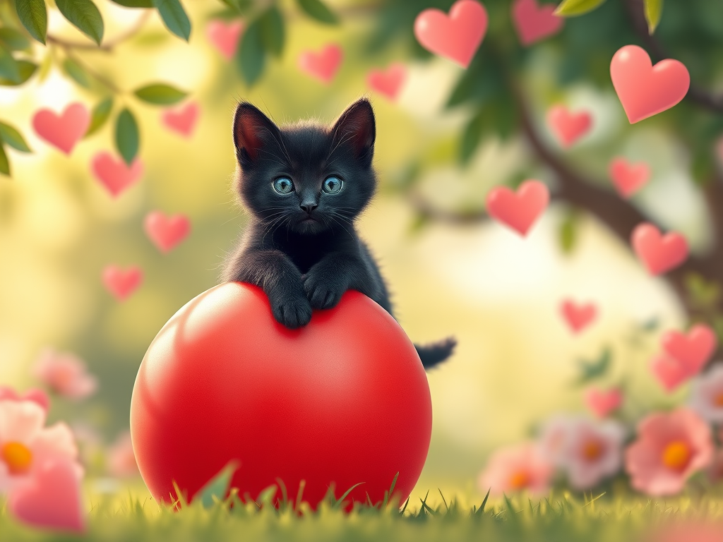 Create a vibrant digital illustration of a black kitten perched playfully on a large red ball, surrounded by a whimsical summer background with soft bokeh effects, lush green leaves, and floating hearts, captured with a Canon EOS R5 at f/1.8, 1/200s, ISO 100, in a wide-angle perspective with a focus on vivid colors and a dreamy atmosphere.
