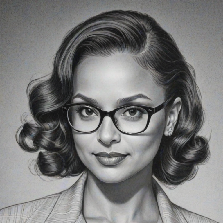 Fetching Danielle Nicolet, pencil sketch, portrait of Gorgeous woman 1940s in glasses, hair style beatnik, outline, clear lines, fine lines, 8k