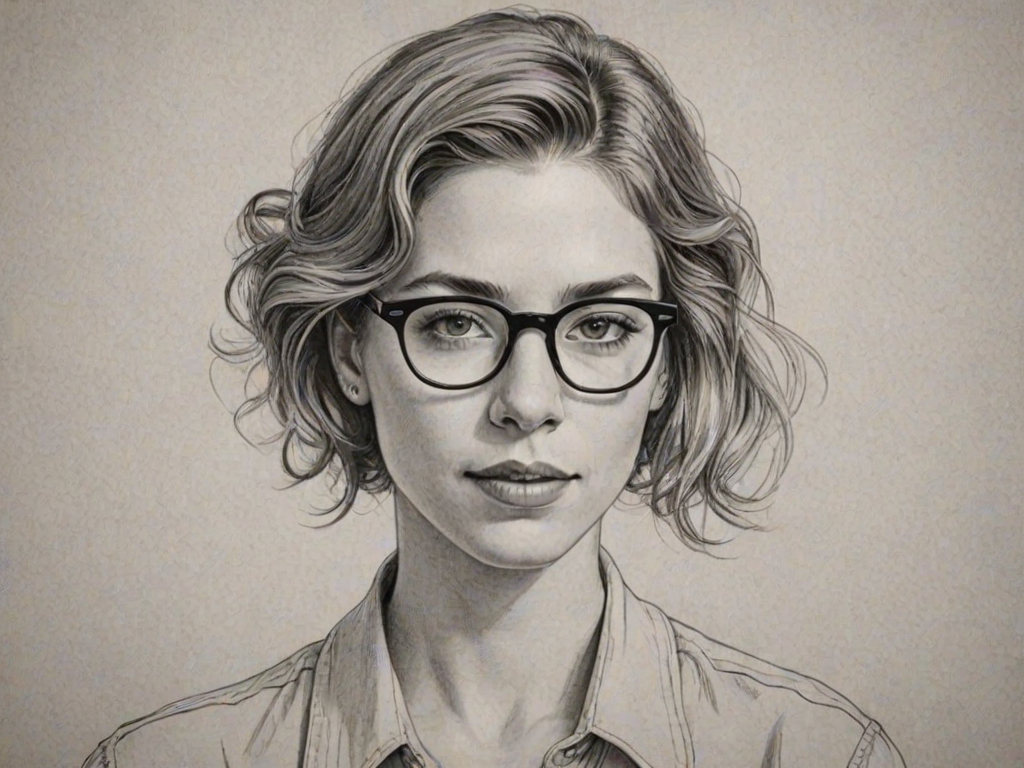 Comely Tessa Ferrer, pencil sketch, portrait of Splendid woman 1921s in glasses, hair style beatnik, outline, clear lines, fine lines, 8k