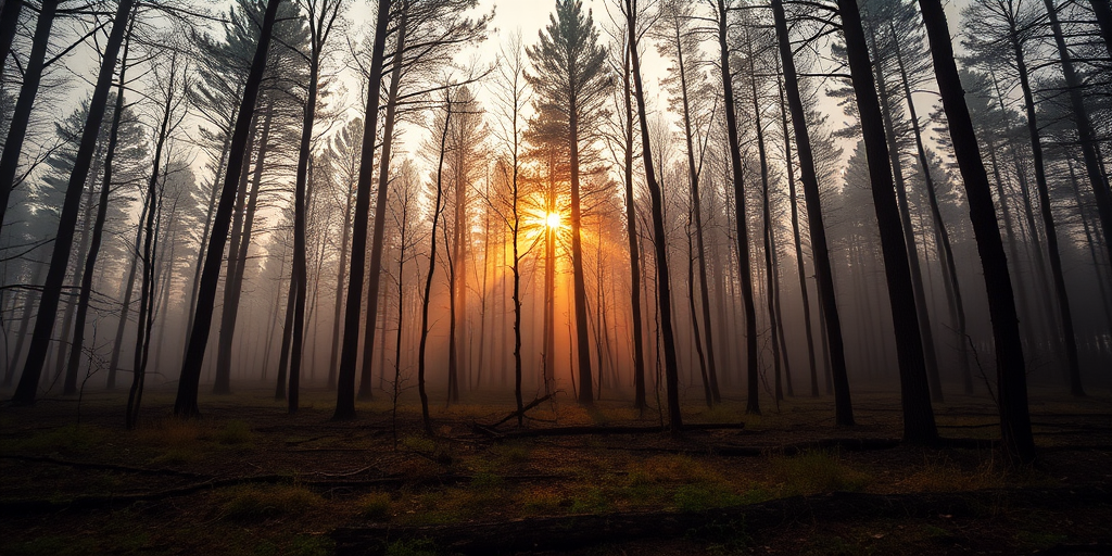 Create a high-resolution image of a serene forest landscape during sunrise with soft mist, using a DSLR camera at ISO 100, aperture f/11, shutter speed 1/60 second, shot from a low angle perspective with a wide-angle lens.