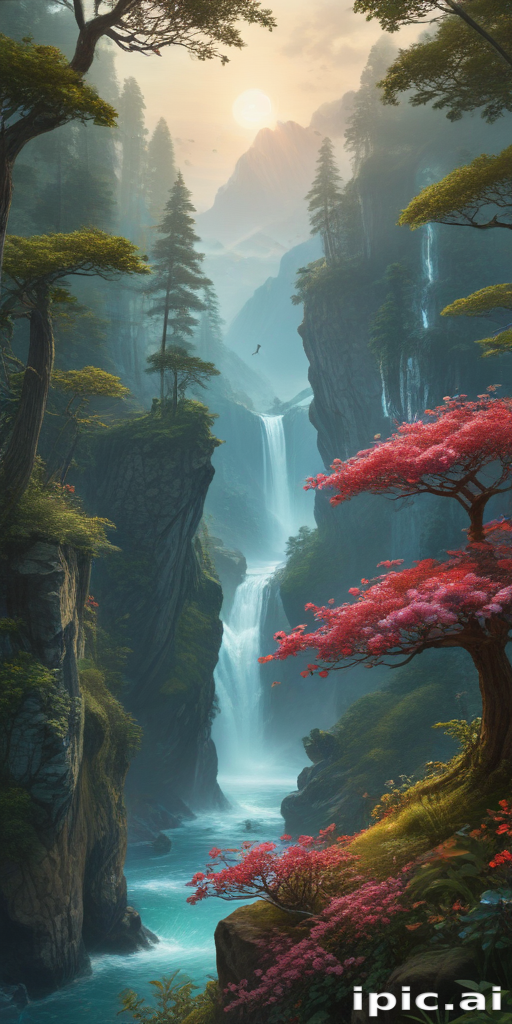 Serene Mountain Landscape Featuring Cascading Waterfalls and Vibrant ...