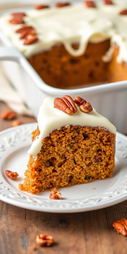 Carrot cake slice topped with cream cheese frosting and chopped pecans on a decorative white plate with a blurred background of more cake in a baking dish