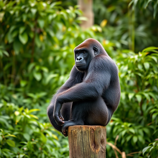 A close-up shot of a seated black gorilla on a wooden post, surrounded by lush green foliage, taken with a Canon EOS R5 using an 85mm f/1.4 lens, ISO 200, aperture f/2.8, shutter speed 1/250s, natural lighting for enhanced detail and depth of field.
