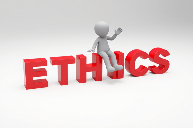 create a 3D rendered image of a gray humanoid figure playfully sitting on red blocks spelling out "ETHICS" with a plain white background, use a Canon EOS 5D Mark IV camera with a 50mm lens, aperture f/2.8, ISO 100, using a soft focus photography style to enhance image quality.