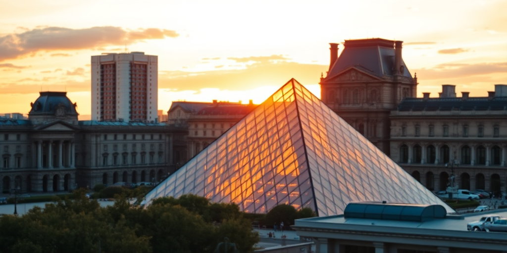 capture a cityscape at sunset with a modern glass pyramid in the background, use a DSLR camera with a 50mm lens, aperture set to f/2.8 for a shallow depth of field, ISO 100, and a soft focus effect to enhance the warm glow of the sun peeking through buildings