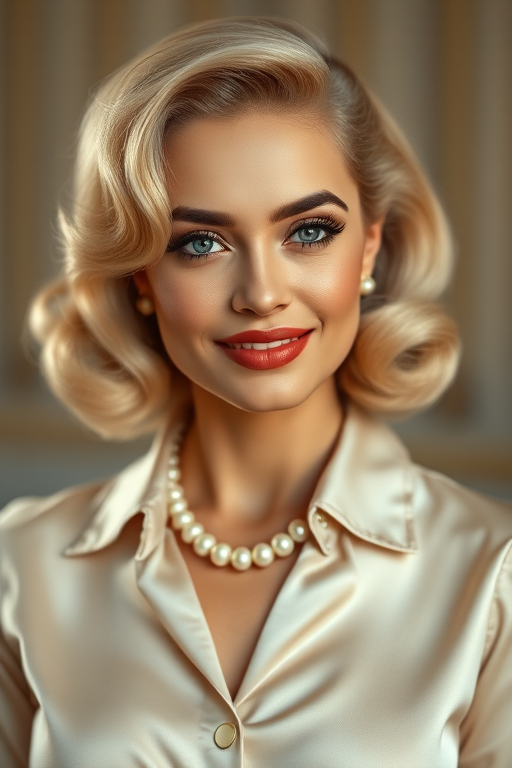 A beautiful Hispanic woman reminiscent of 1950s Hollywood glamour, with perfectly styled blonde hair and a seductive smile, dressed in a satin blouse and adorned with pearls, soft and warm tones, photorealistic, 8K