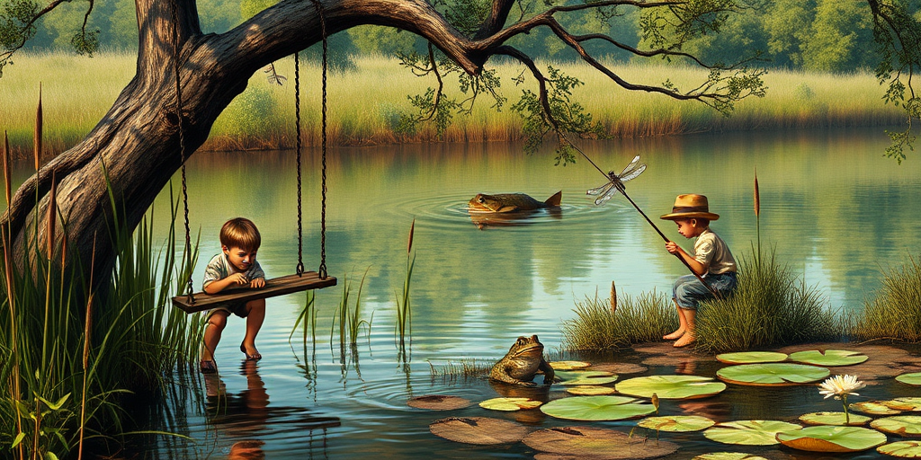 Imagine a small group of old fashioned young boys out fishing by the creek, a swing hanging from a tree branch, reeds and grasses by the water's edge, a frog sitting on a lily pad, dragonflies hovering over som water plans, a very iconic old fashioned scene reminiscent of a Norman Rockwell painting style
