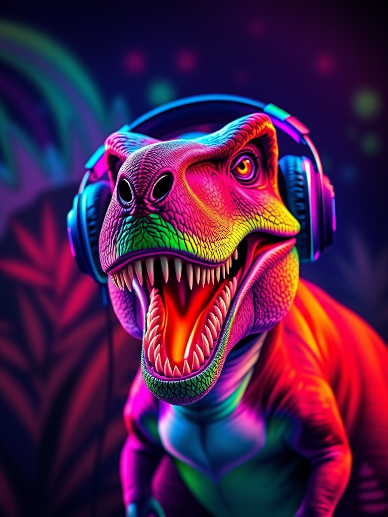 A vibrant and colorful illustration of a dinosaur wearing headphones, showcasing neon colors and dynamic lighting, captured with a DSLR camera in portrait mode, f/2.8 aperture, ISO 200, shutter speed 1/200 sec, high dynamic range imaging, and enhanced saturation for vivid detail.
