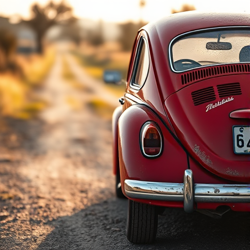 A vintage red Volkswagen Beetle parked on a dusty rural road, sunlight casting warm tones, focus on the weathered details, DSLR camera, 50mm lens, aperture f/2.8, ISO 100, 1/200s shutter speed, natural light, shallow depth of field.