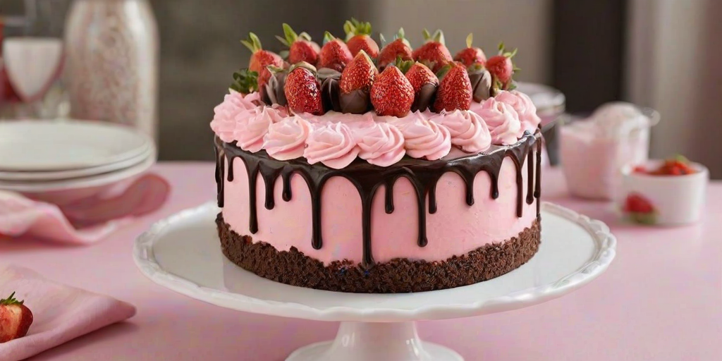 Create an image of a round cake with a base of pink frosting. The top should be adorned with swirls of pink icing and decorated with chocolate-covered strawberries. Include chocolate drips along the sides of the cake for an elegant finish.
