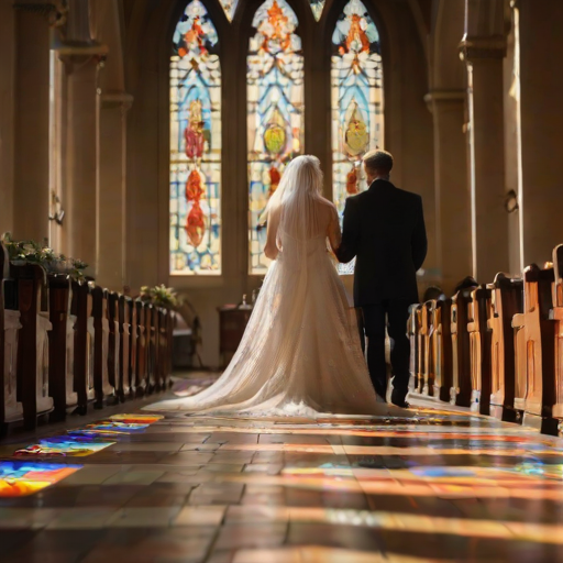 Softly focused photo of a bride walking down a sunlit aisle, soft light filtering through stained glass windows, casting colorful patterns on the floor, with distant guests watching in awe.