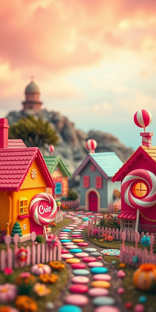 create a vibrant whimsical landscape featuring colorful candy-themed houses and oversized lollipops, shot with a Canon EOS R5 at f/8, 24mm, ISO 100, with a warm color palette and soft focus background for enhanced depth and detail