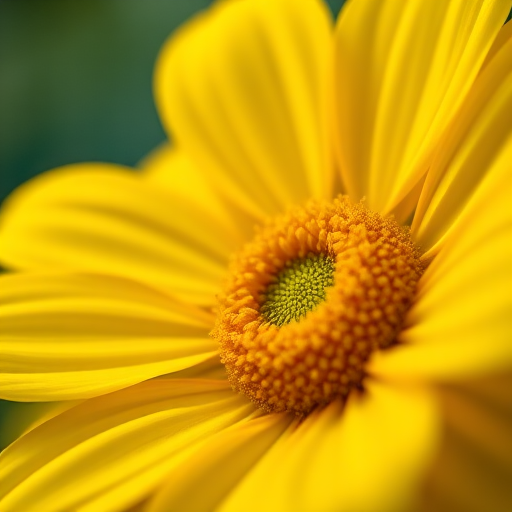 Close-up of a vibrant yellow flower with a soft focus background, shot with a macro lens at f/2.8, shutter speed 1/200s, ISO 100, in natural light, emphasizing the texture of the petals and the details of the center, using a DSLR camera.