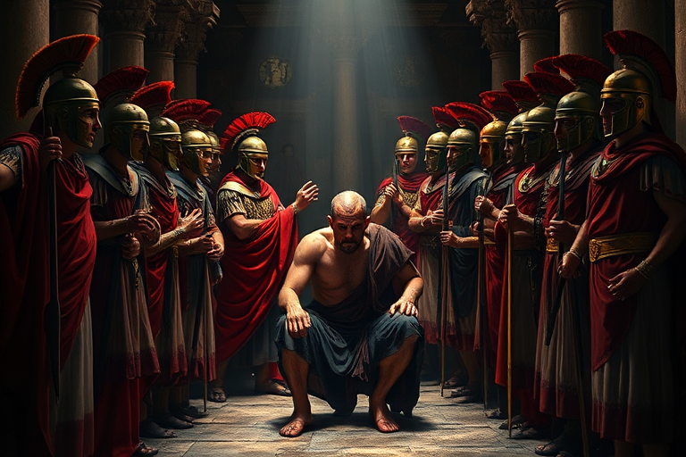 Create a high-resolution digital painting of a historical scene depicting a group of Roman soldiers surrounding a central figure resembling a tortured man, with dramatic chiaroscuro lighting, using a Canon EOS R5 camera, 50mm lens, f/1.8 aperture, ISO 100, and a 1/125s shutter speed to enhance image quality.