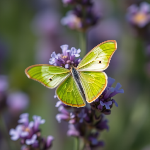 close-up of a green butterfly resting on purple lavender flowers, shallow depth of field, natural light, aperture f/2.8, shutter speed 1/500s, ISO 200, macro lens, DSLR camera