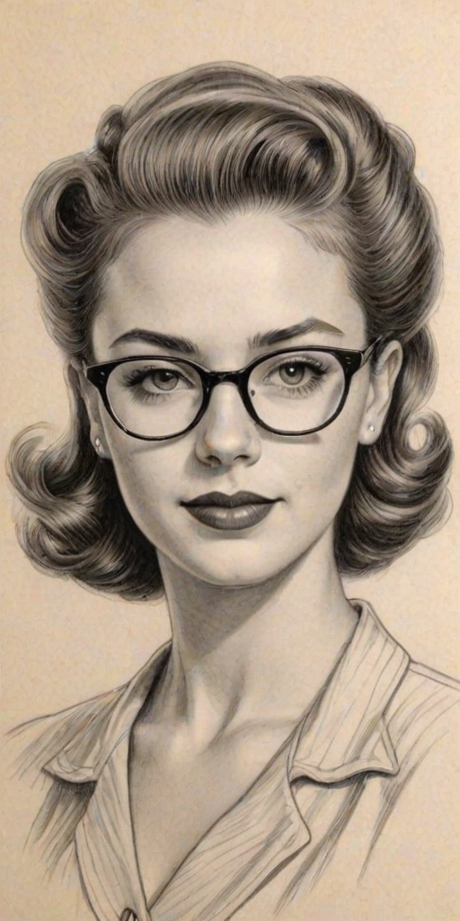 Comely Morgan Saylor, pencil sketch, portrait of Dazzling woman 1940s in glasses, hair style beatnik, outline, clear lines, fine lines, 8k